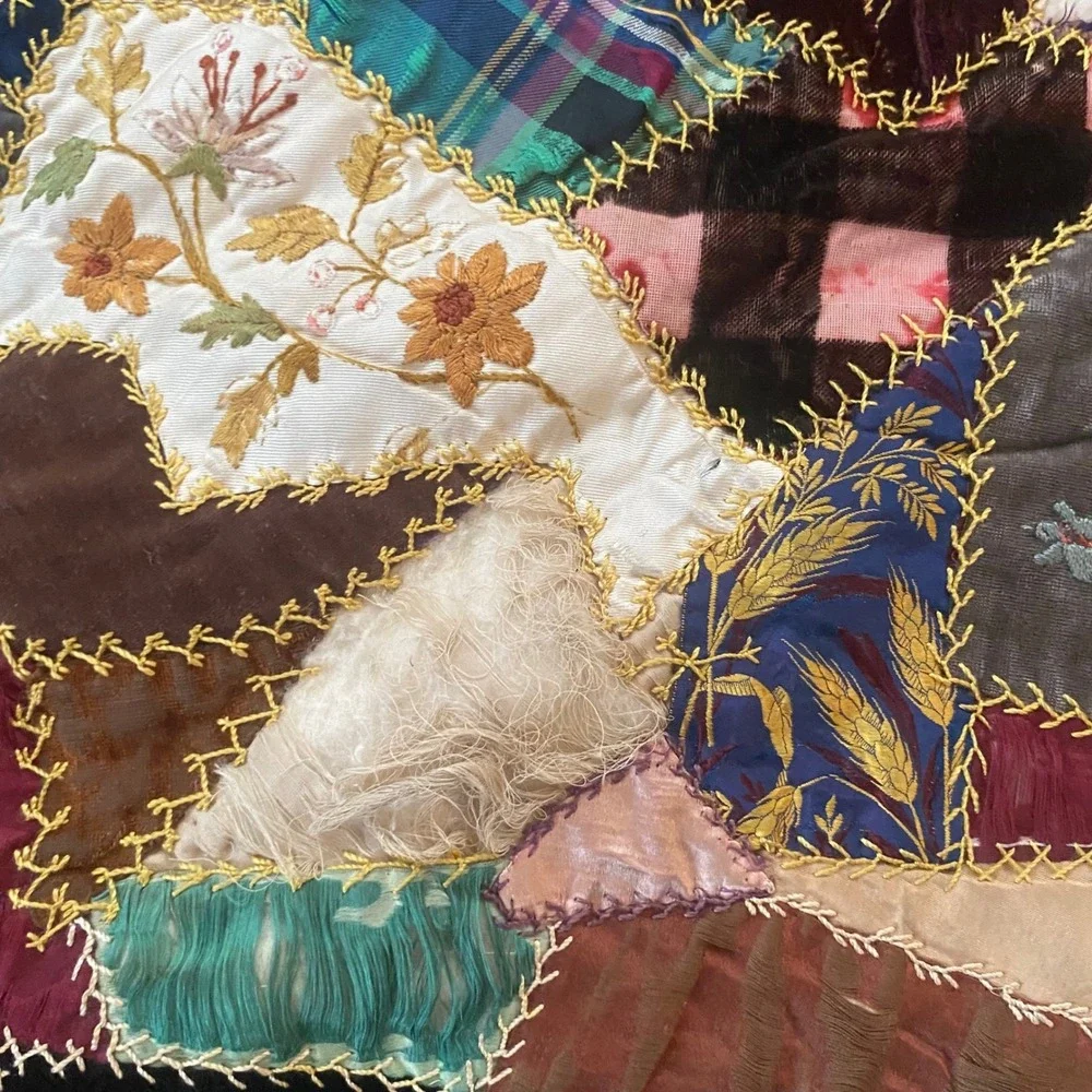 Antique Victorian Crazy Quilt Hand Embroidered Silk Velvet Patchwork Red Damaged
